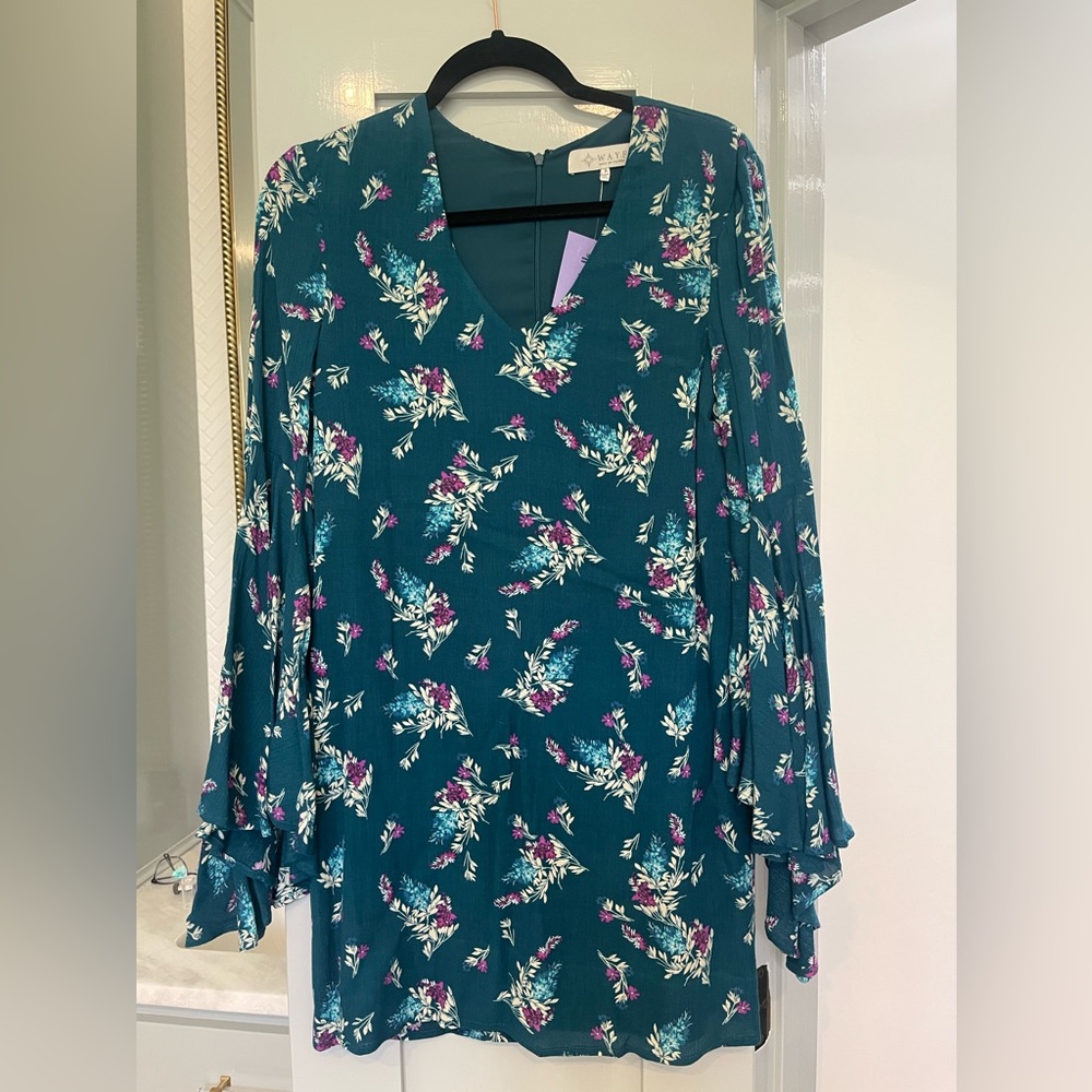 WAYF Teal Floral Boho Bell Sleeves Knee Length A-Line Dress size S NEW WITH TAGS